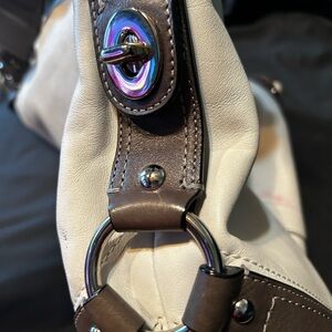 Coach Cream Shoulder Bag with Brown Trim and Polished Hardware